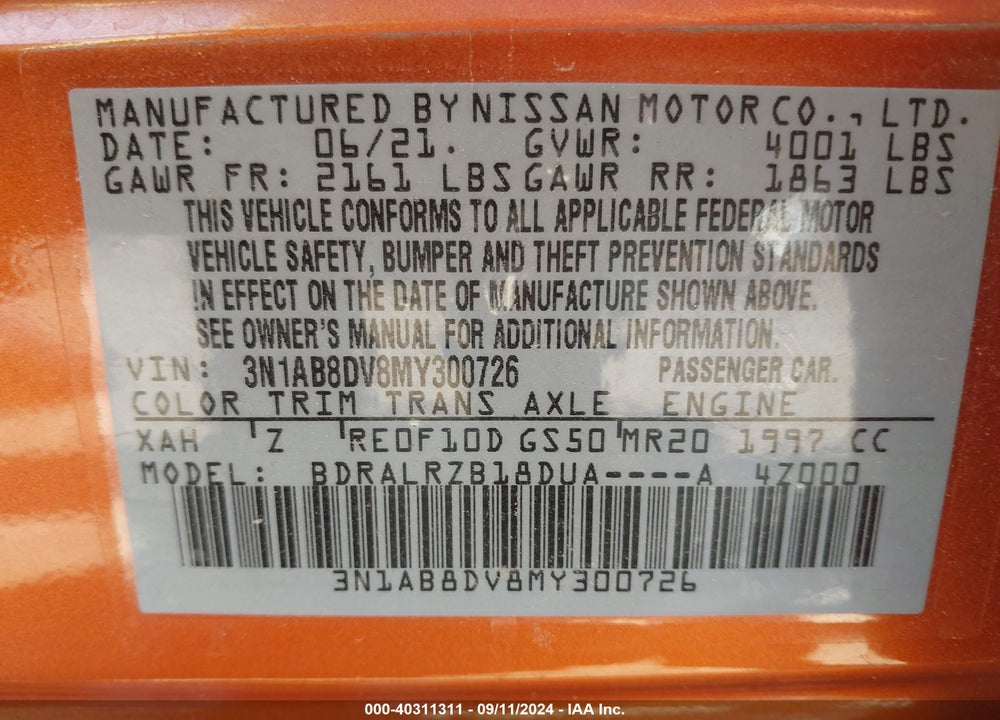 2021 NISSAN SENTRA SR XTRONIC CVT VIN: 3N1AB8DV8MY300726