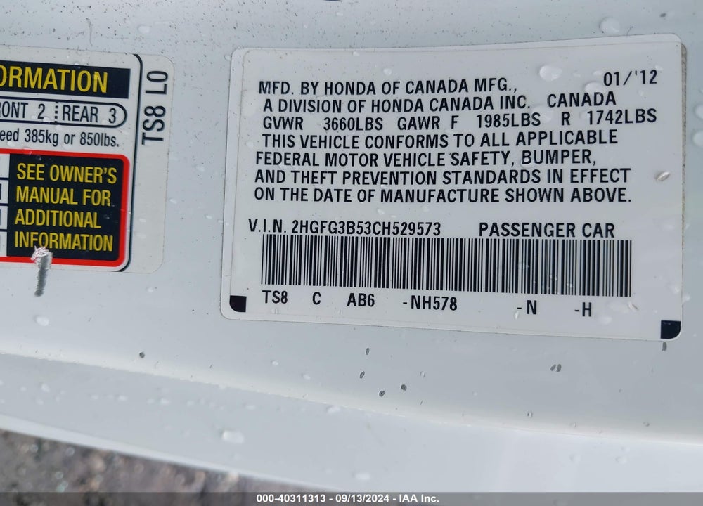 2012 HONDA CIVIC LX VIN: 2HGFG3B53CH529573