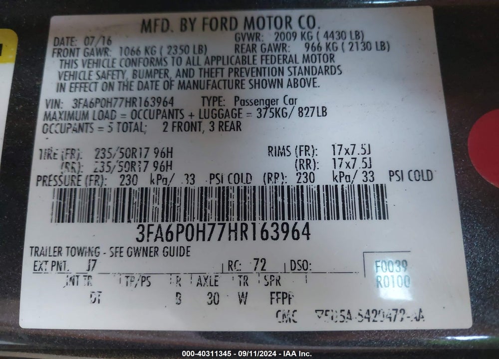 2017 FORD FUSION SE VIN: 3FA6P0H77HR163964