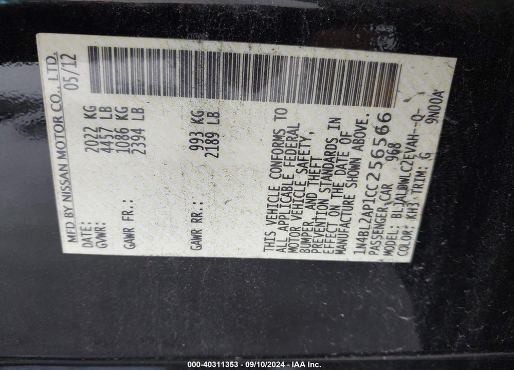 2012 NISSAN ALTIMA 3.5 SR VIN: 1N4BL2AP1CC256566