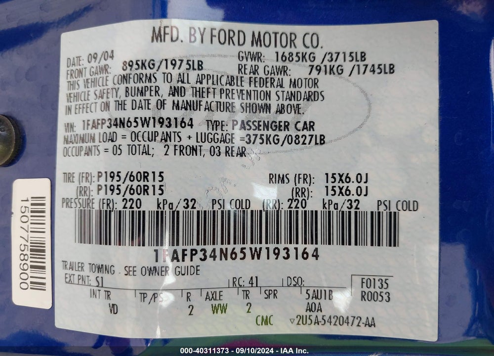 2005 FORD FOCUS ZX4 VIN: 1FAFP34N65W193164
