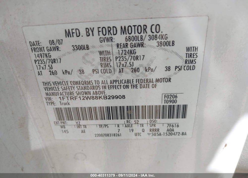 2008 FORD F-150 FX2/STX/XL/XLT VIN: 1FTRF12W88KB29908