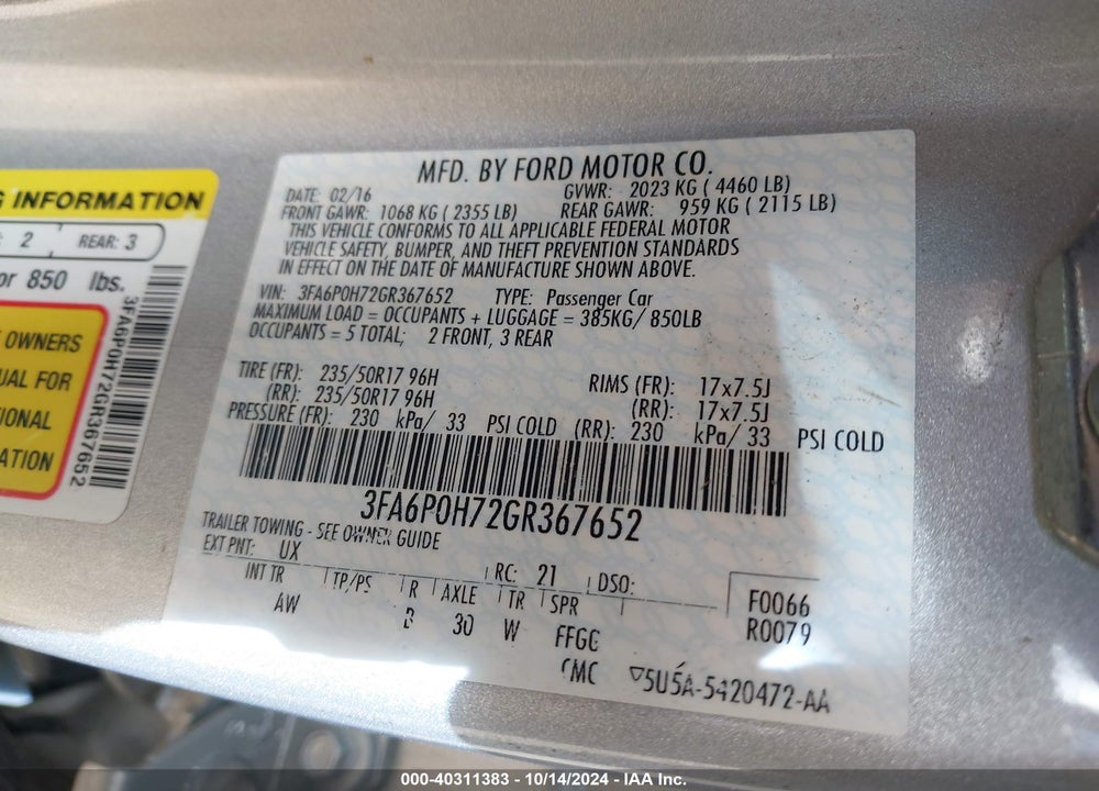 2016 FORD FUSION SE VIN: 3FA6P0H72GR367652