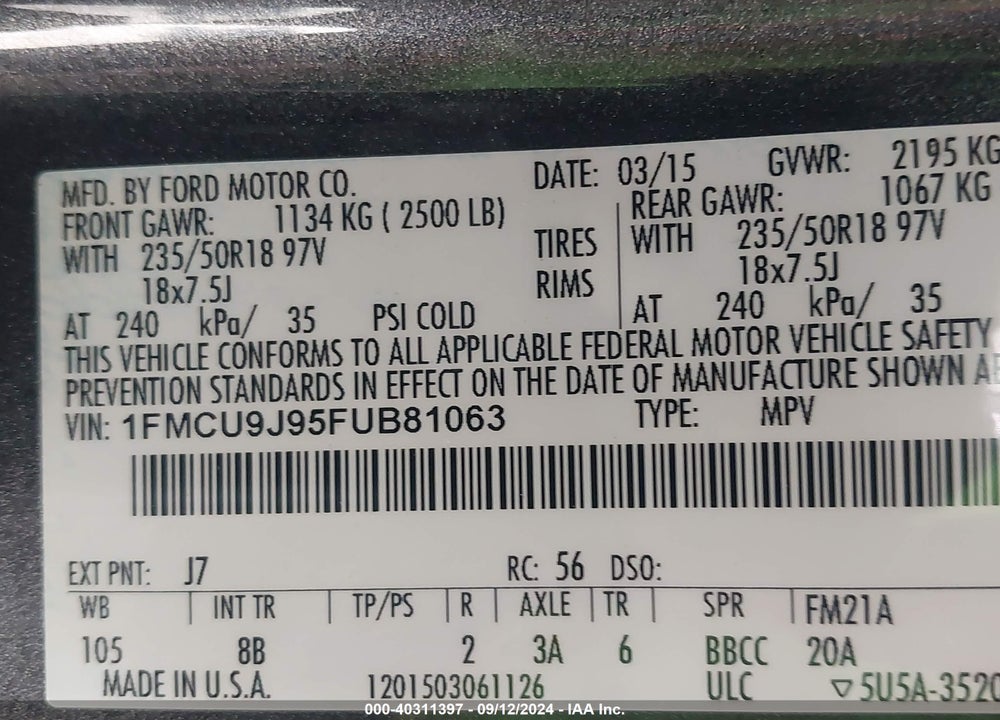 2015 FORD ESCAPE TITANIUM VIN: 1FMCU9J95FUB81063