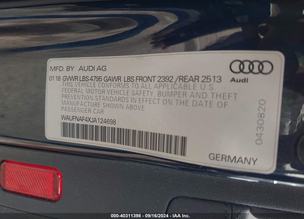 2018 AUDI A4 2.0T PREMIUM VIN: WAUFNAF4XJA124698