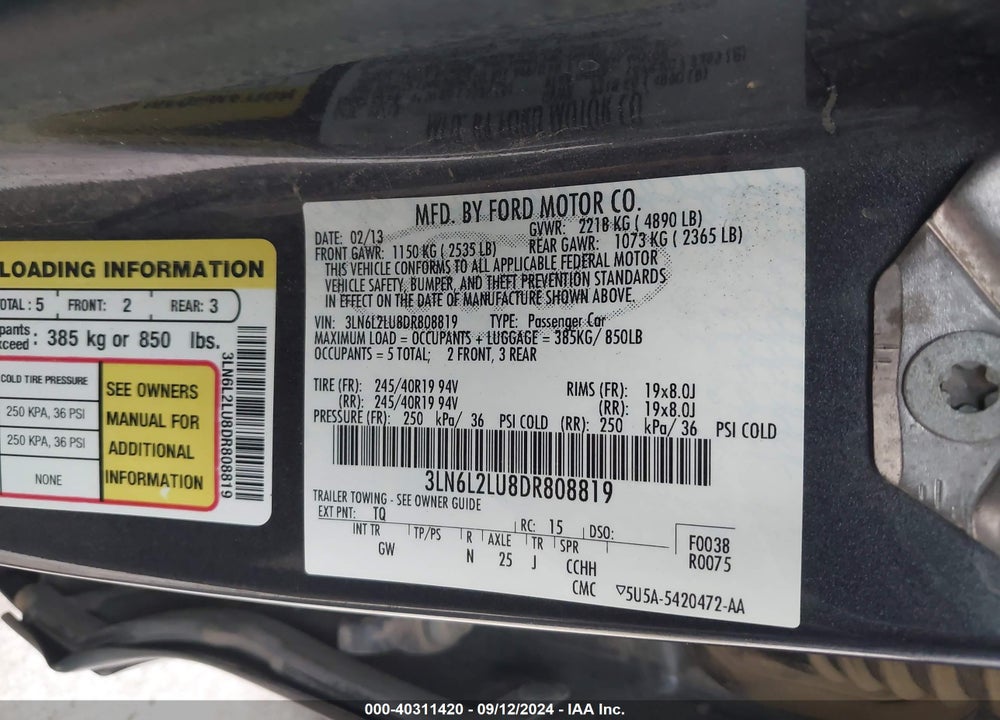 2013 LINCOLN MKZ HYBRID VIN: 3LN6L2LU8DR808819
