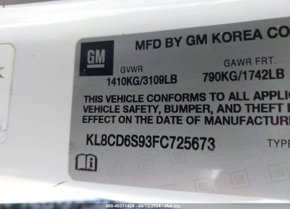 2015 CHEVROLET SPARK 1LT CVT VIN: KL8CD6S93FC725673