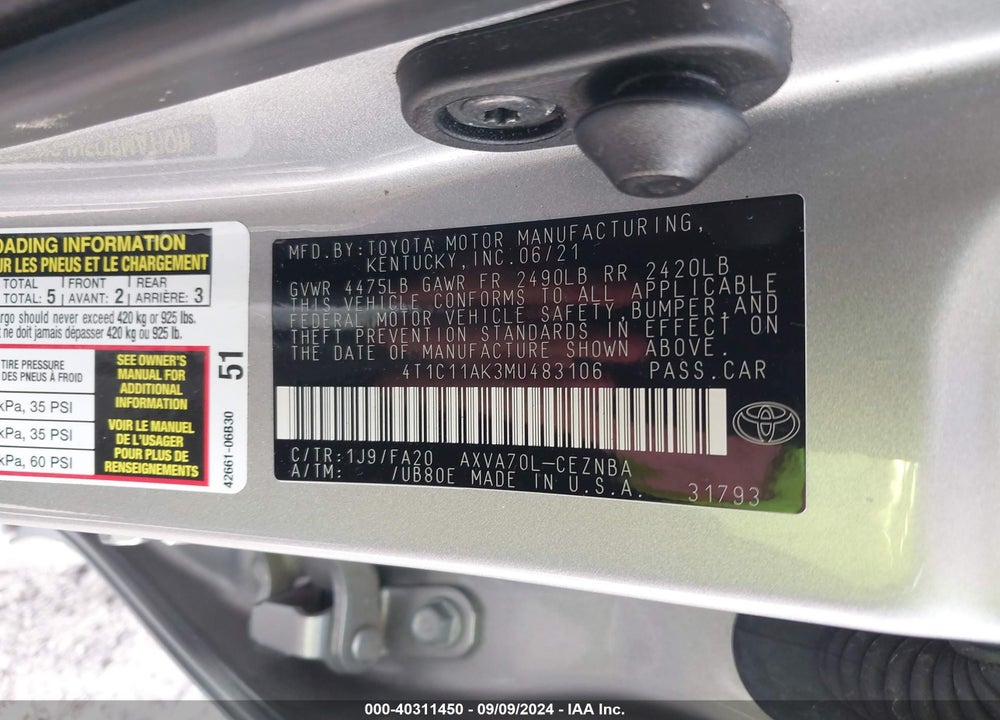 2021 TOYOTA CAMRY LE VIN: 4T1C11AK3MU483106