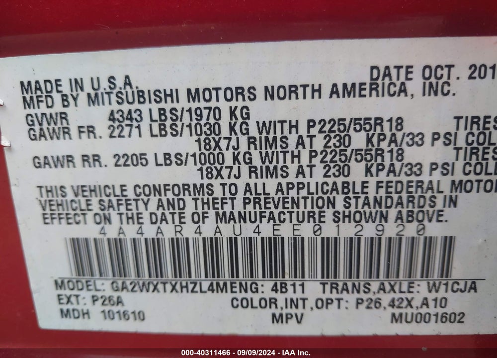 2014 MITSUBISHI OUTLANDER SPORT SE VIN: 4A4AR4AU4EE012920