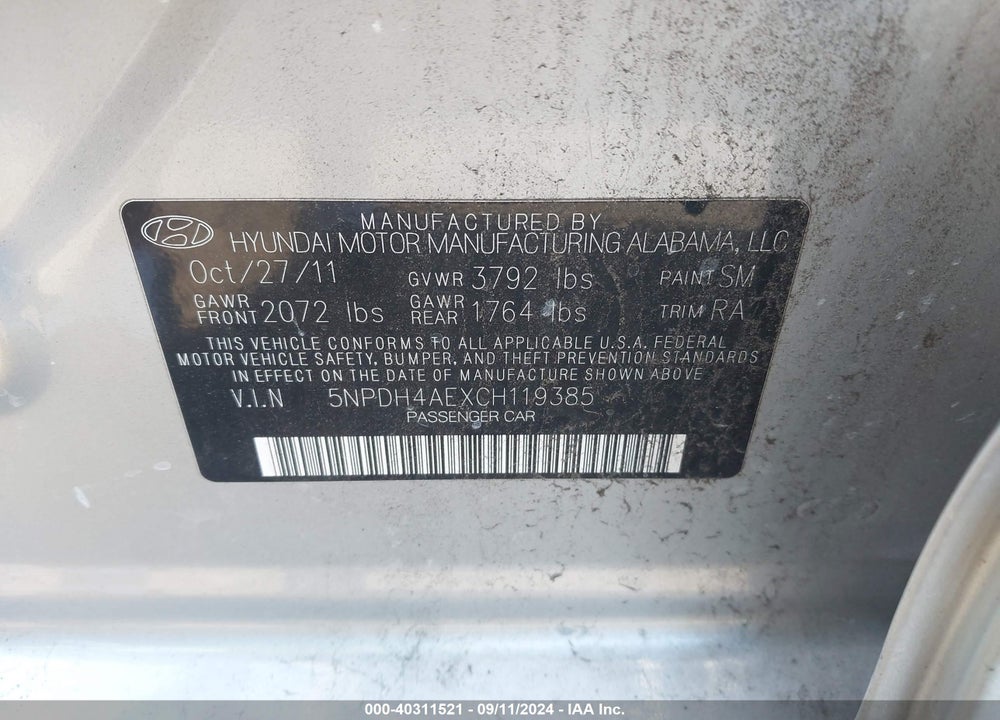 2012 HYUNDAI ELANTRA GLS VIN: 5NPDH4AEXCH119385