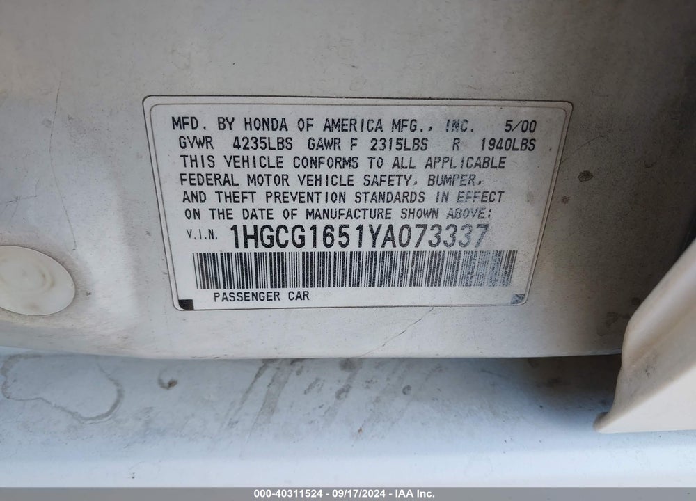 2000 HONDA ACCORD 3.0 EX VIN: 1HGCG1651YA073337