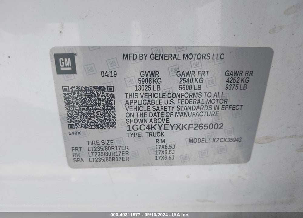 2019 CHEVROLET SILVERADO 3500HD HIGH COUNTRY VIN: 1GC4KYEYXKF265002
