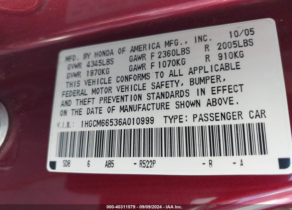2006 HONDA ACCORD 3.0 EX VIN: 1HGCM66536A010999