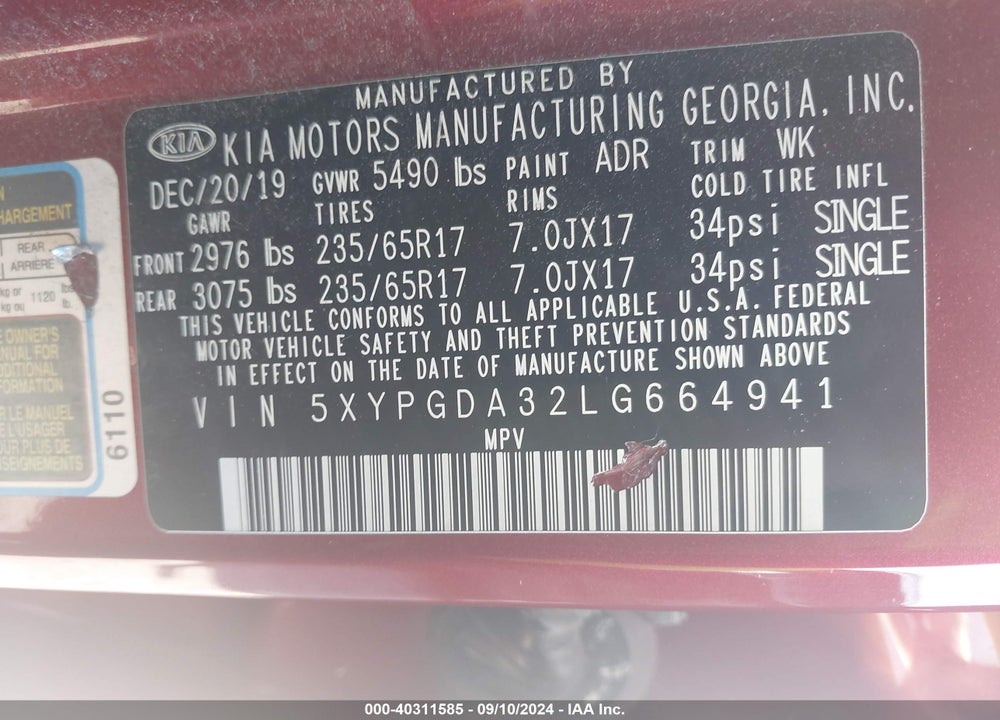 2020 KIA SORENTO 2.4L LX VIN: 5XYPGDA32LG664941