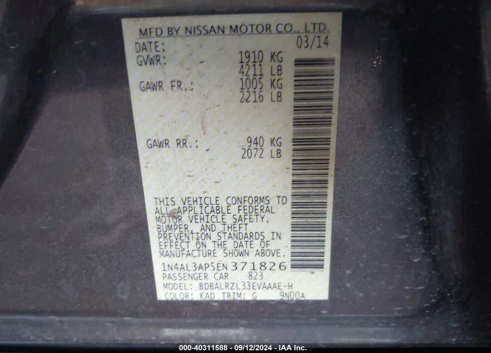 2014 NISSAN ALTIMA 2.5 S VIN: 1N4AL3AP5EN371826