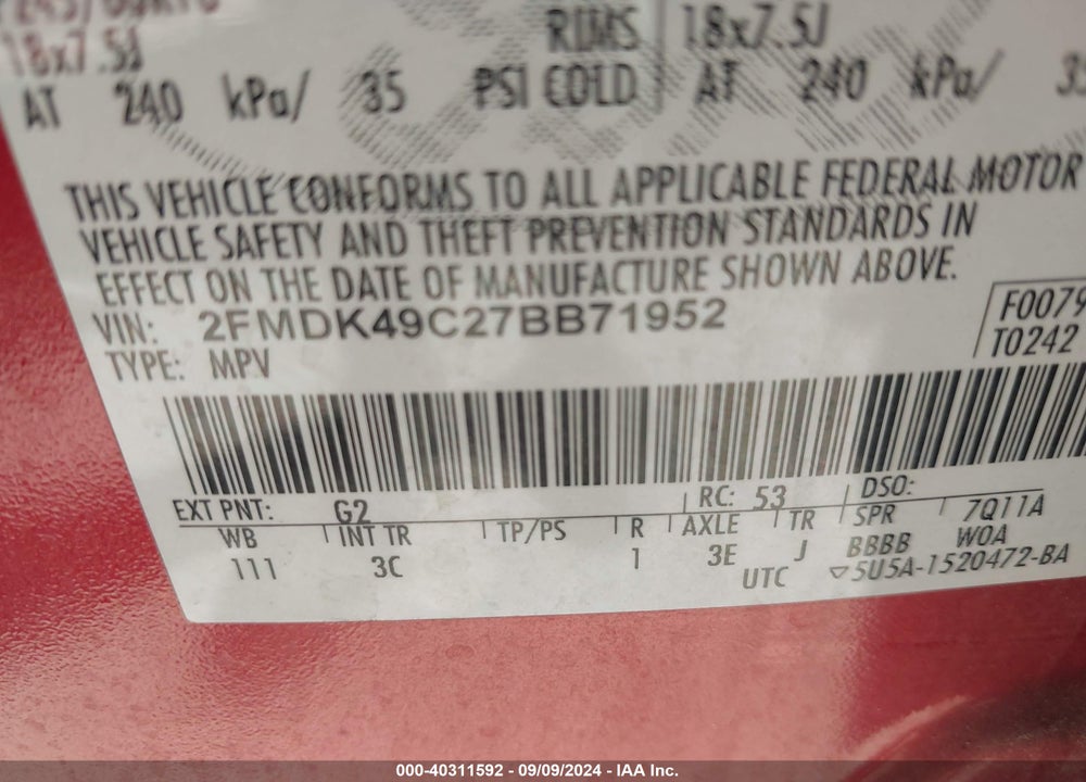 2007 FORD EDGE SEL PLUS VIN: 2FMDK49C27BB71952