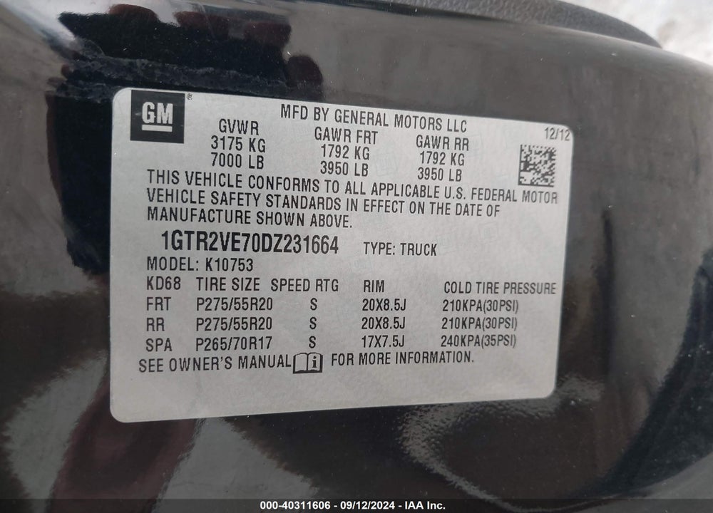 2013 GMC SIERRA 1500 SLE VIN: 1GTR2VE70DZ231664