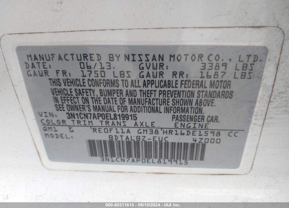 2014 NISSAN VERSA 1.6 SV VIN: 3N1CN7AP0EL819915