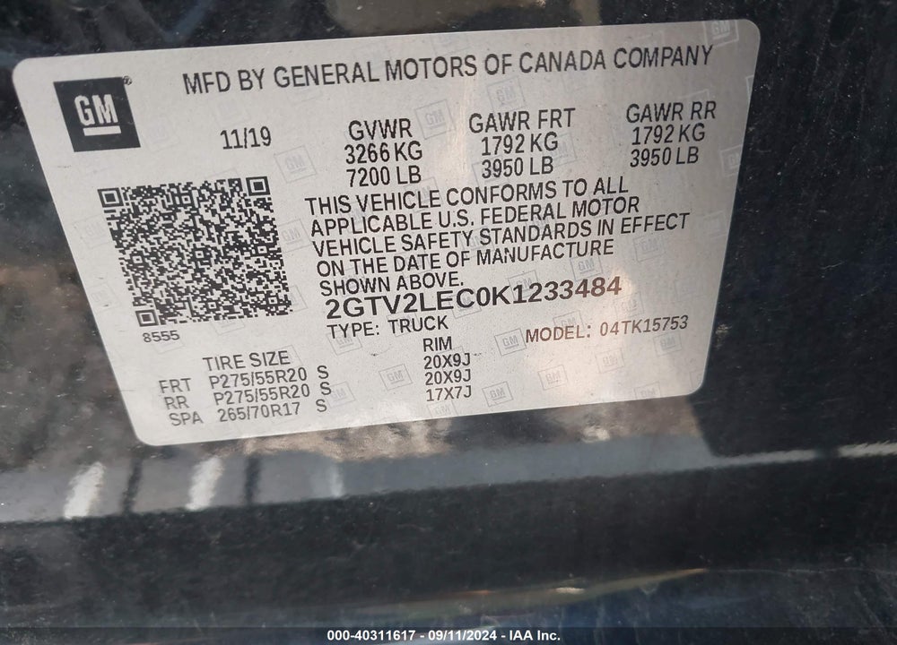 2019 GMC SIERRA 1500 LIMITED VIN: 2GTV2LEC0K1233484