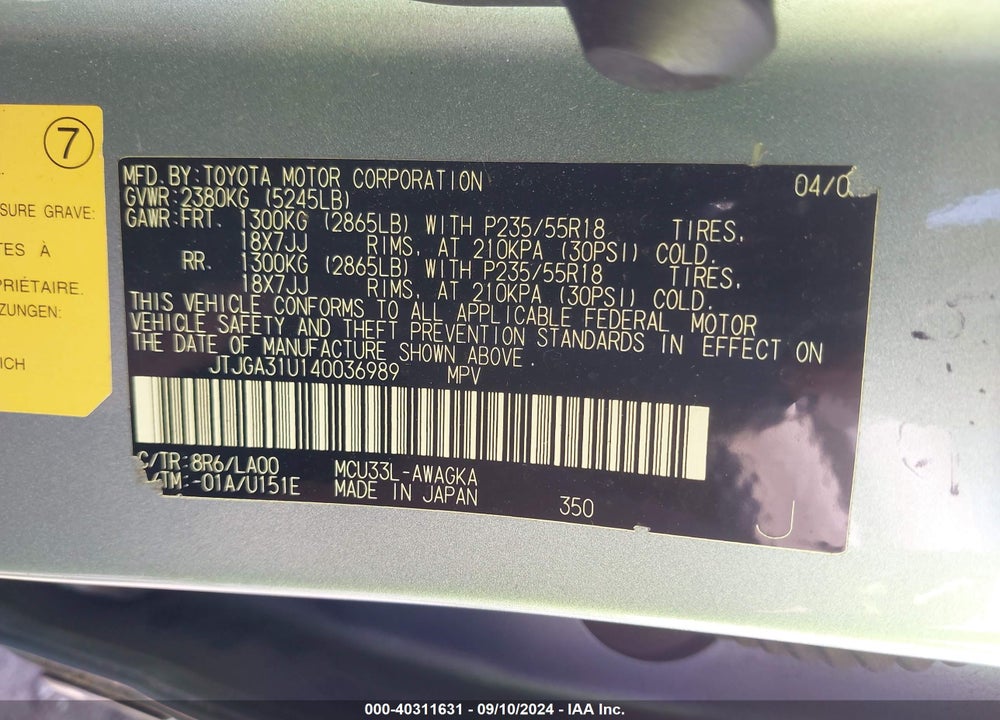 2004 LEXUS RX 330 VIN: JTJGA31U140036989