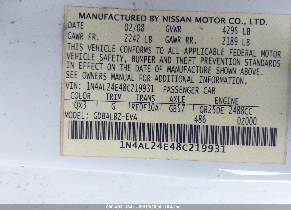 2008 NISSAN ALTIMA 2.5 S VIN: 1N4AL24E48C219931
