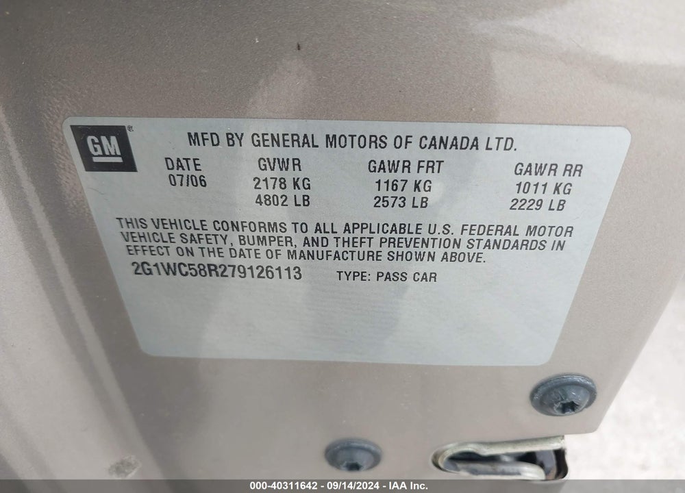 2007 CHEVROLET IMPALA LT VIN: 2G1WC58R279126113