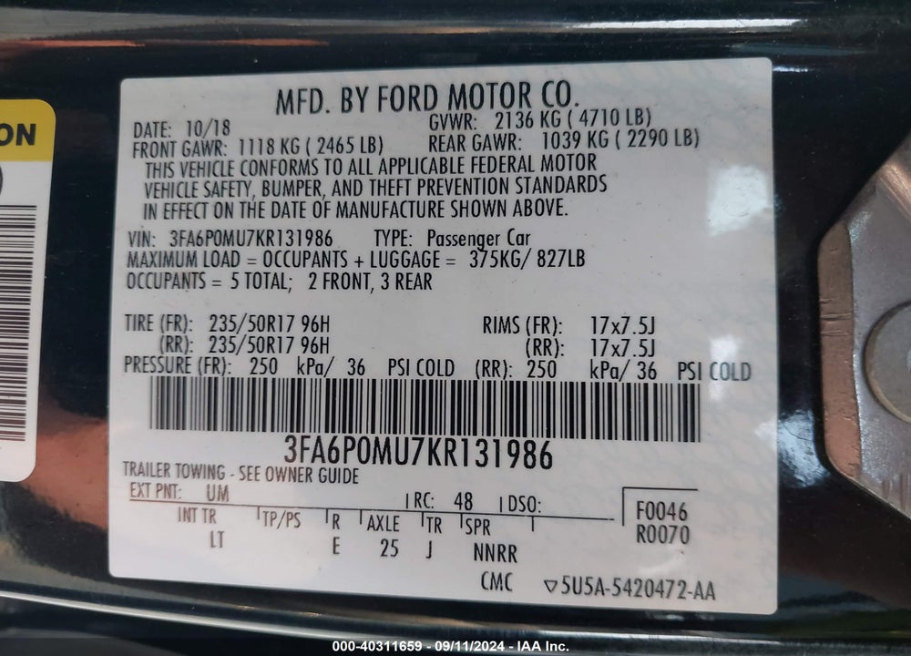2019 FORD FUSION HYBRID SEL VIN: 3FA6P0MU7KR131986