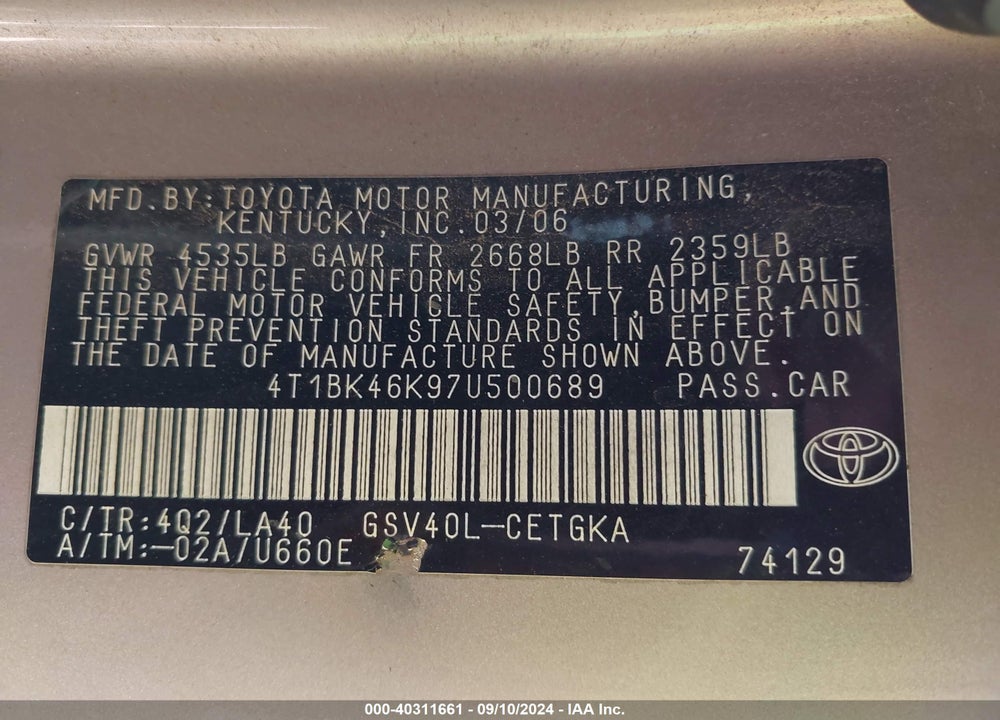 2007 TOYOTA CAMRY XLE V6 VIN: 4T1BK46K97U500689