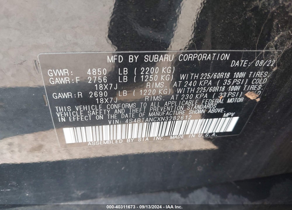 2022 SUBARU OUTBACK LIMITED VIN: 4S4BTANCXN3282612