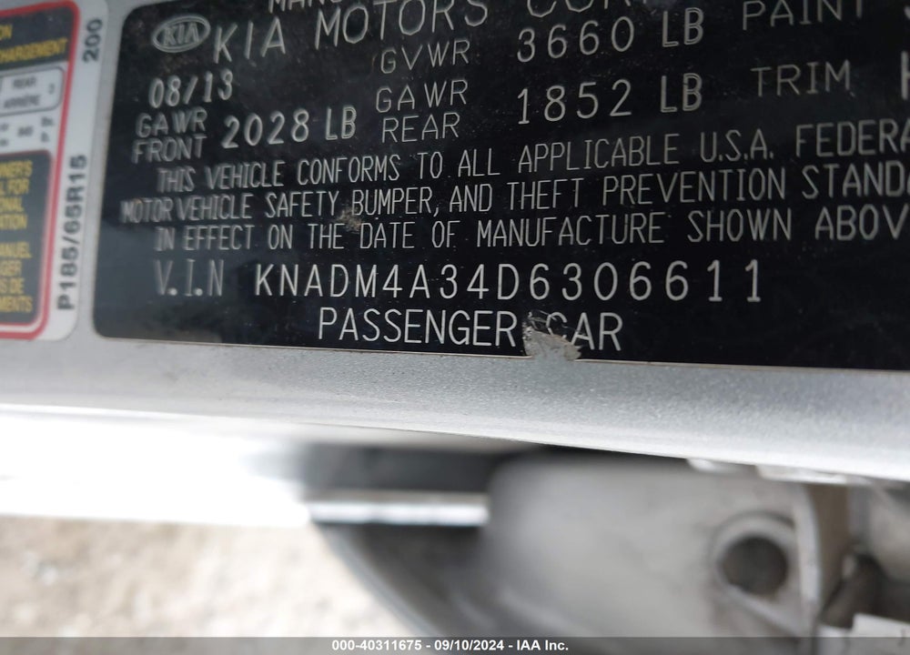 2013 KIA RIO LX VIN: KNADM4A34D6306611