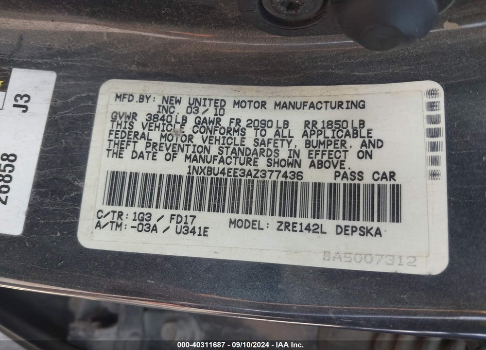 2010 TOYOTA COROLLA S VIN: 1NXBU4EE3AZ377436