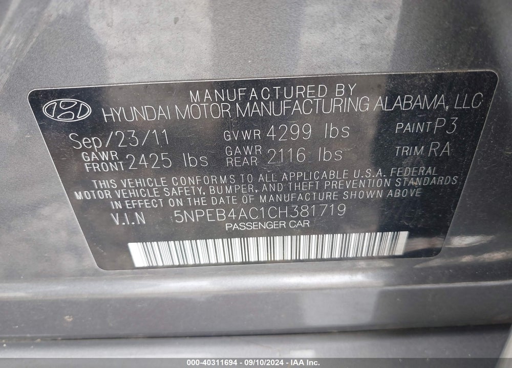 2012 HYUNDAI SONATA GLS VIN: 5NPEB4AC1CH381719