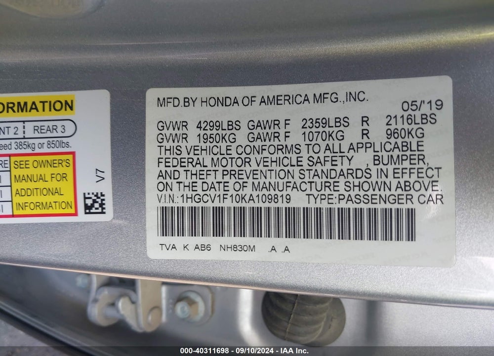 2019 HONDA ACCORD LX VIN: 1HGCV1F10KA109819
