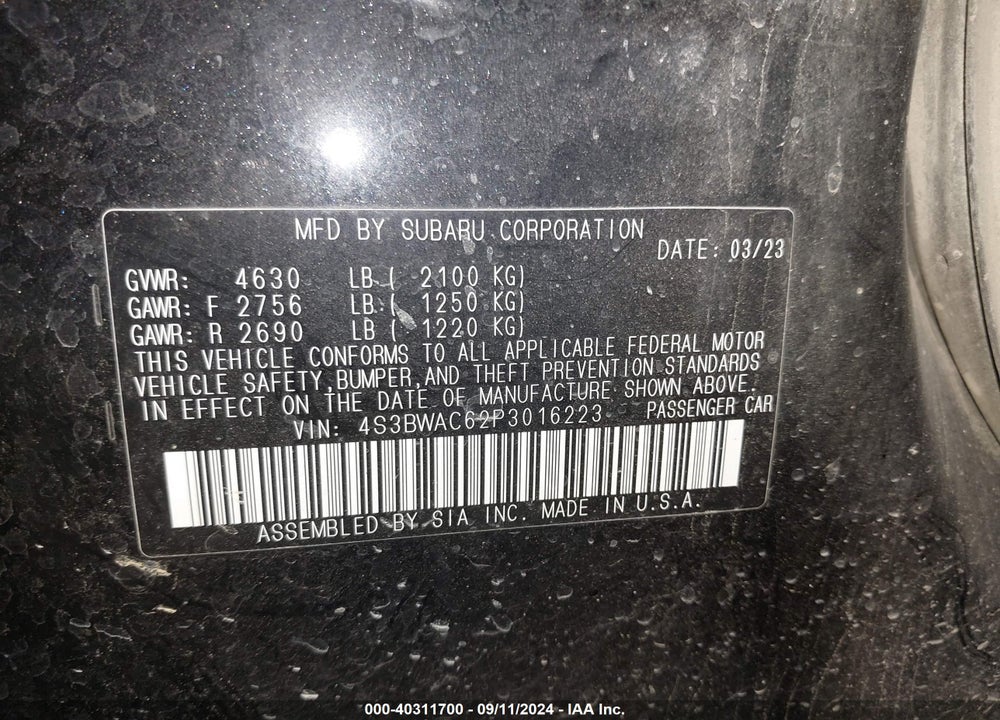 2023 SUBARU LEGACY PREMIUM VIN: 4S3BWAC62P3016223