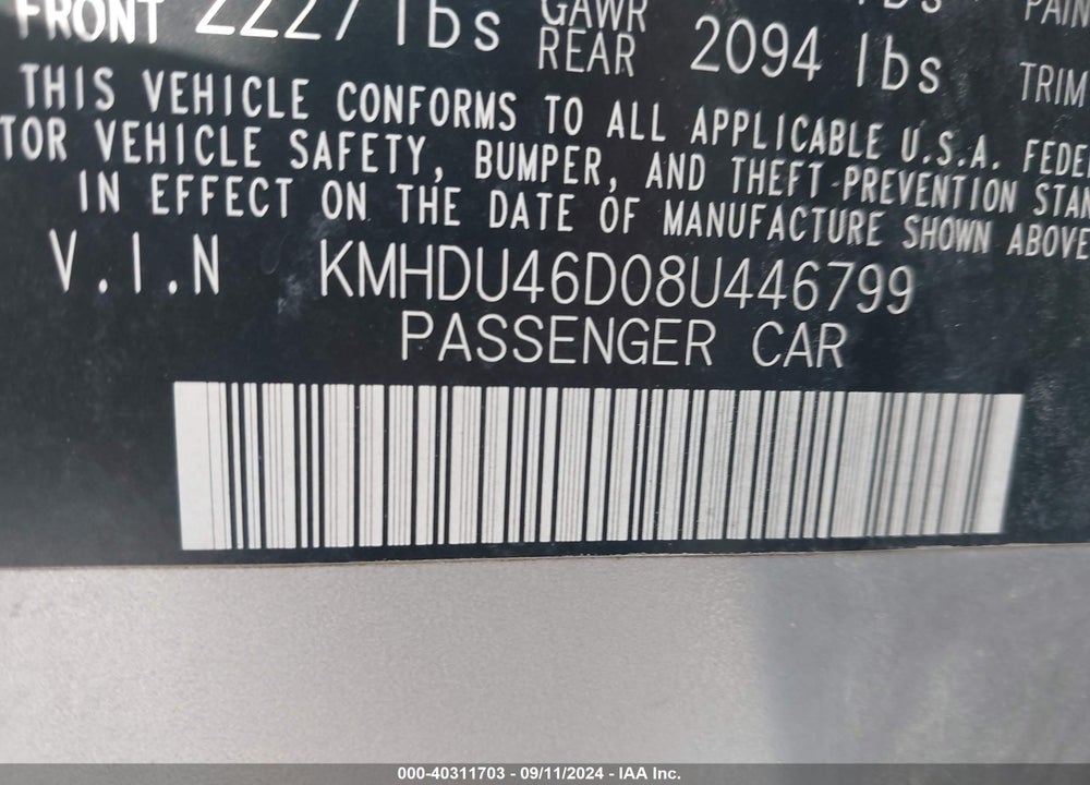 2008 HYUNDAI ELANTRA GLS/SE VIN: KMHDU46D08U446799