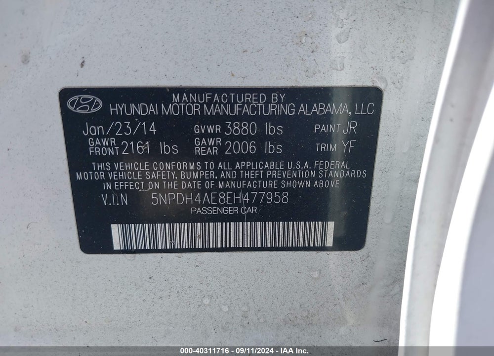 2014 HYUNDAI ELANTRA SE VIN: 5NPDH4AE8EH477958