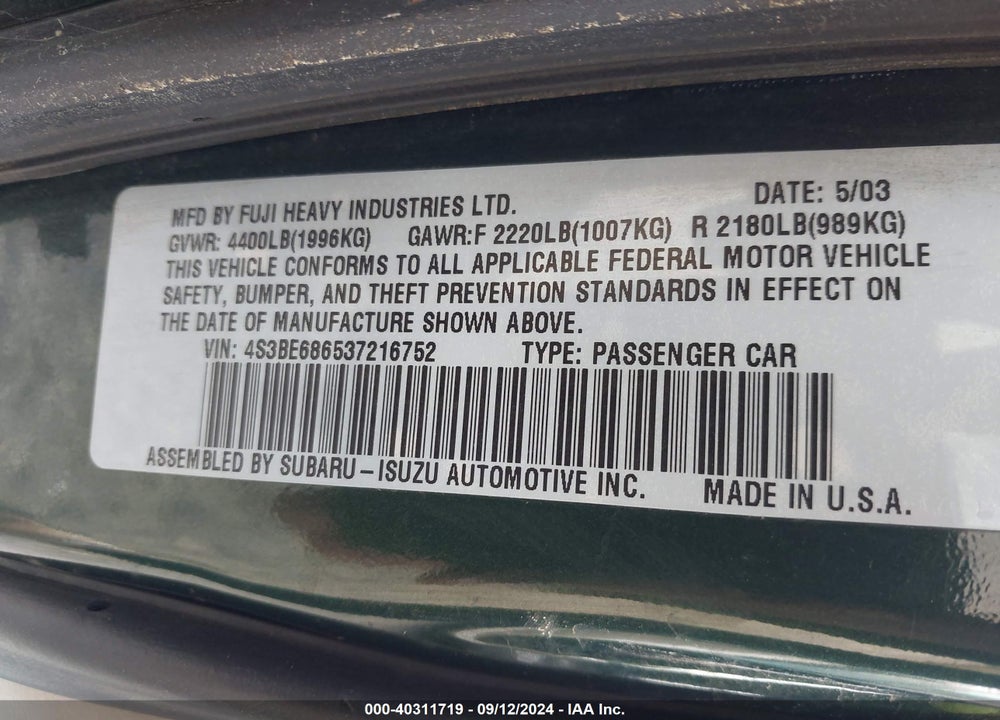 2003 SUBARU OUTBACK LIMITED VIN: 4S3BE686537216752