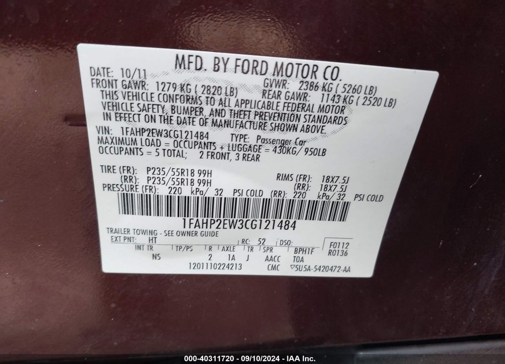 2012 FORD TAURUS SEL VIN: 1FAHP2EW3CG121484