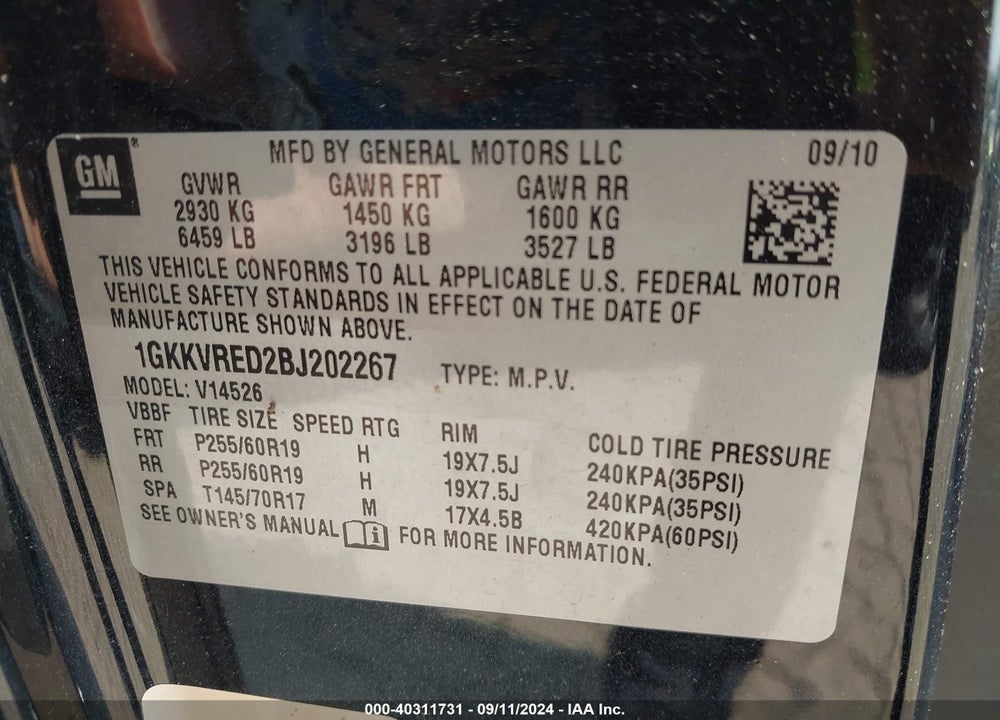 2011 GMC ACADIA VIN: 1GKKVRED2BJ202267