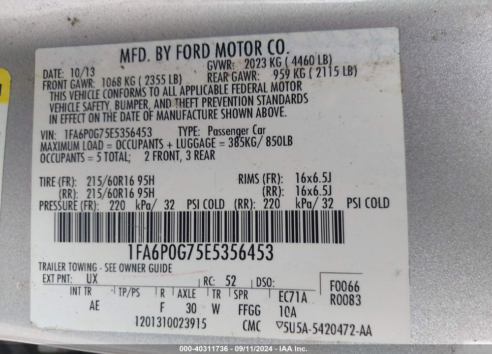 2014 FORD FUSION S VIN: 1FA6P0G75E5356453