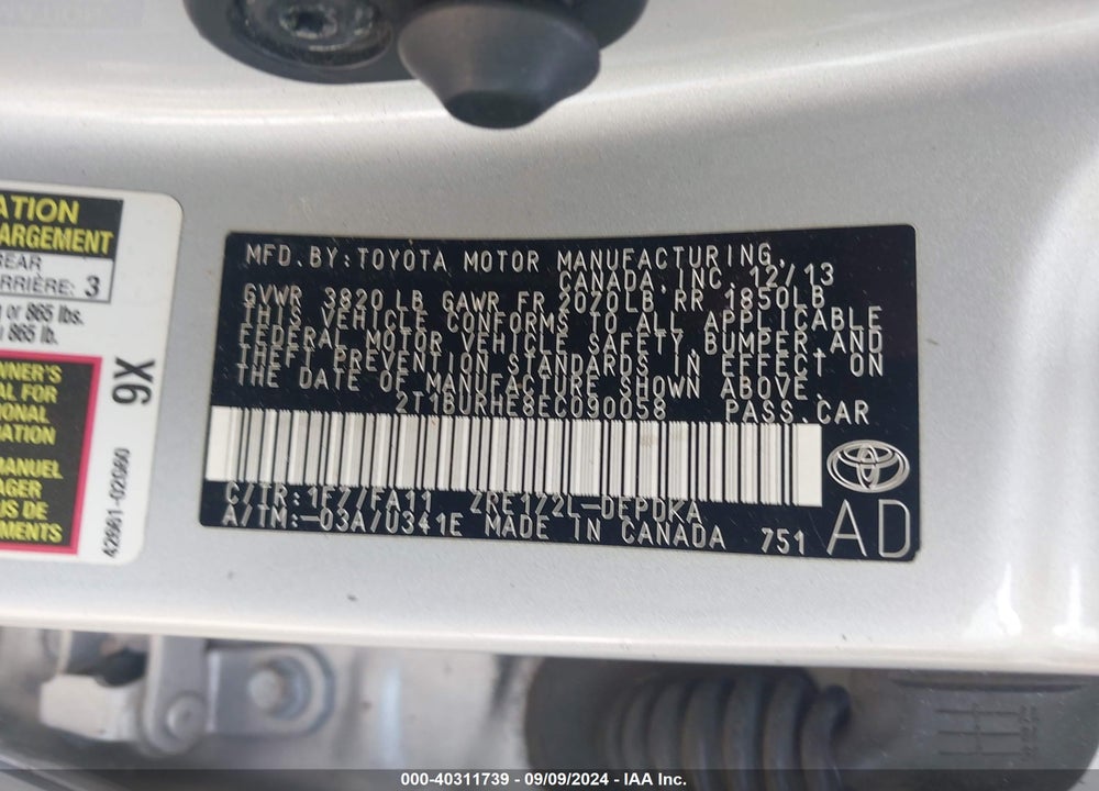 2014 TOYOTA COROLLA L VIN: 2T1BURHE8EC090058
