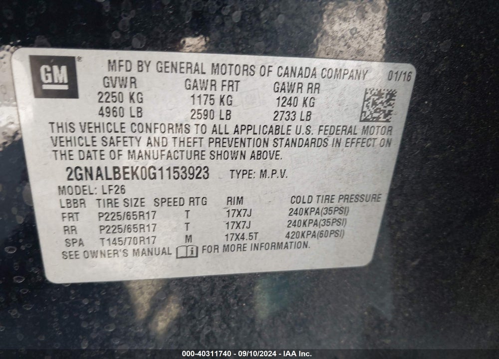 2016 CHEVROLET EQUINOX LS VIN: 2GNALBEK0G1153923
