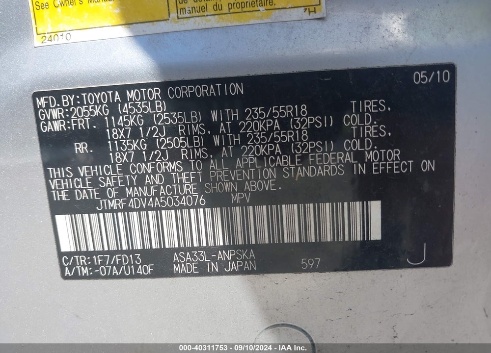 2010 TOYOTA RAV4 SPORT VIN: JTMRF4DV4A5034076