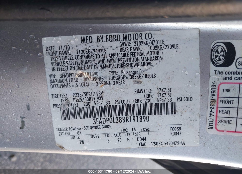 2011 FORD FUSION HYBRID VIN: 3FADP0L38BR191890