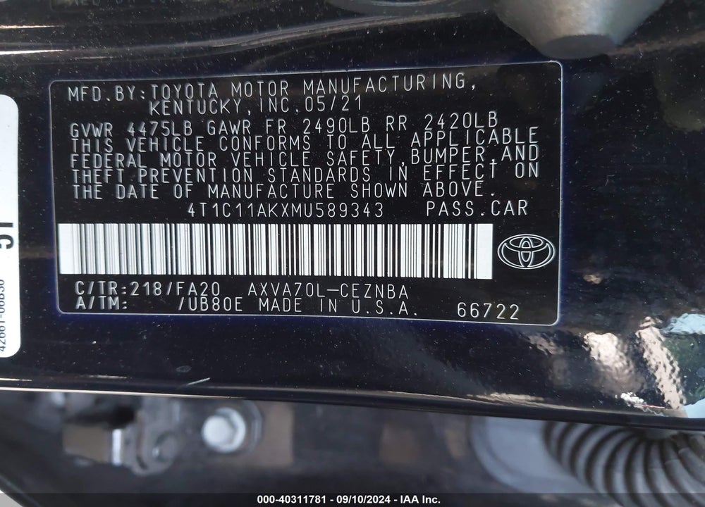 2021 TOYOTA CAMRY LE VIN: 4T1C11AKXMU589343