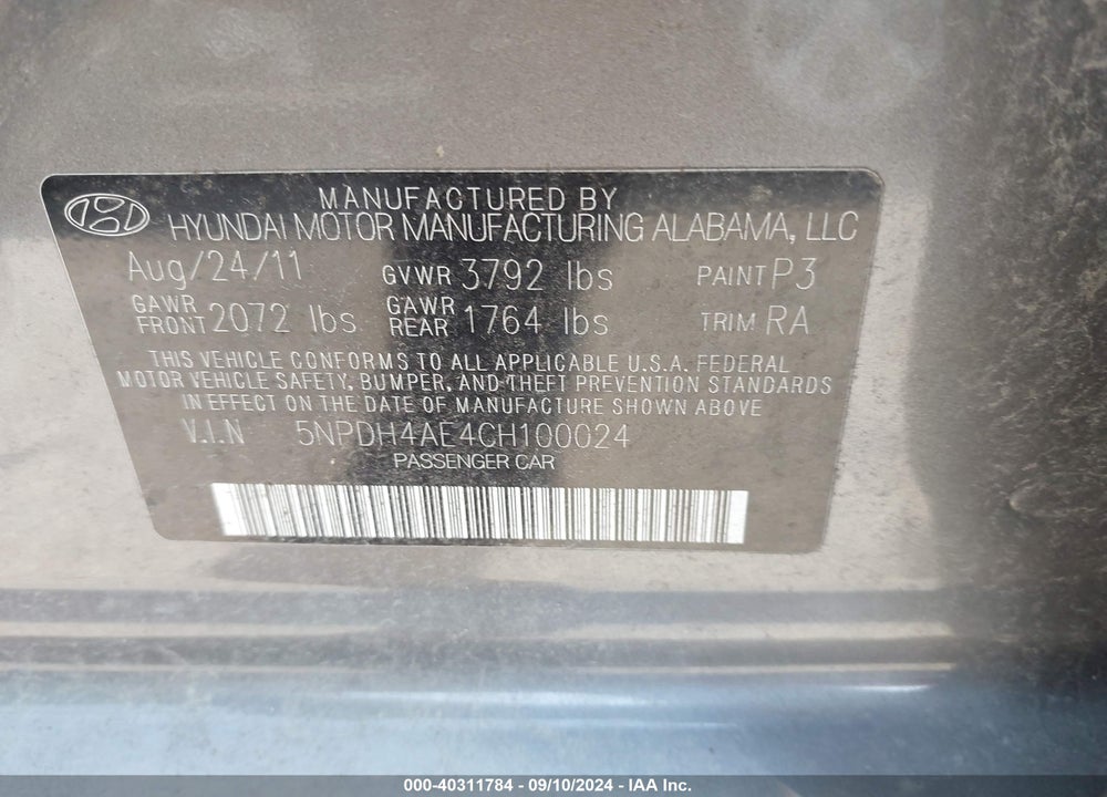 2012 HYUNDAI ELANTRA GLS VIN: 5NPDH4AE4CH100024