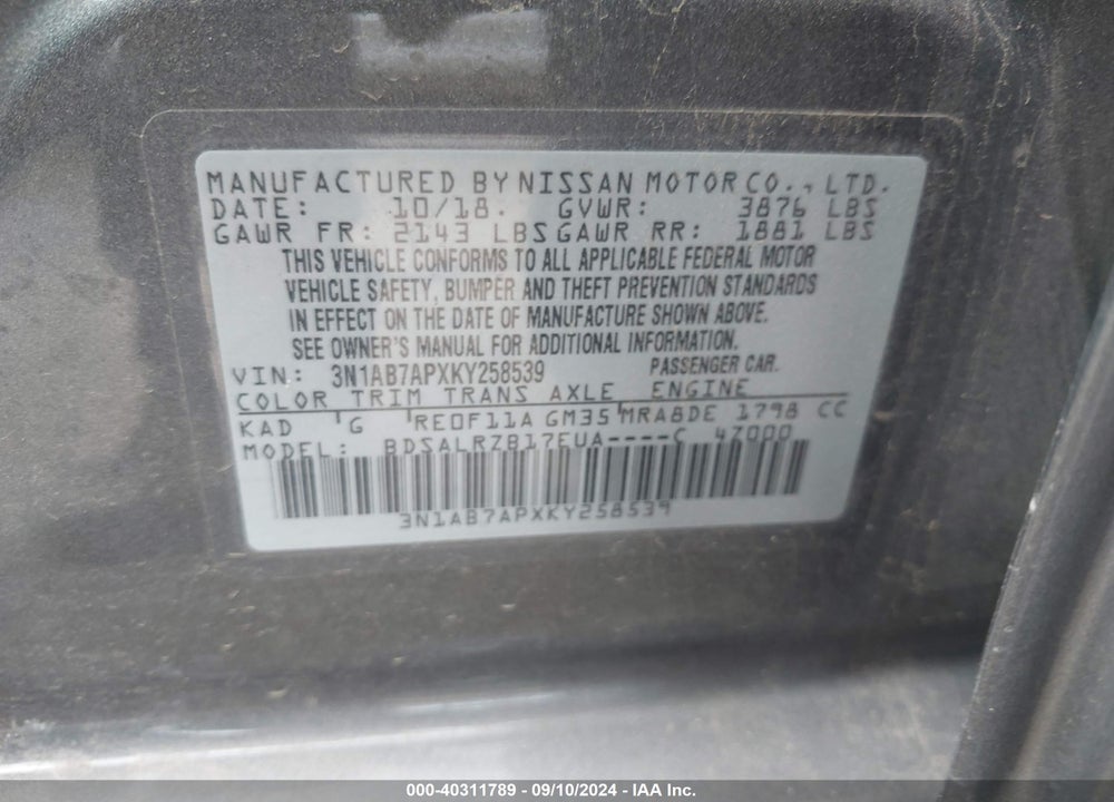 2019 NISSAN SENTRA SR VIN: 3N1AB7APXKY258539