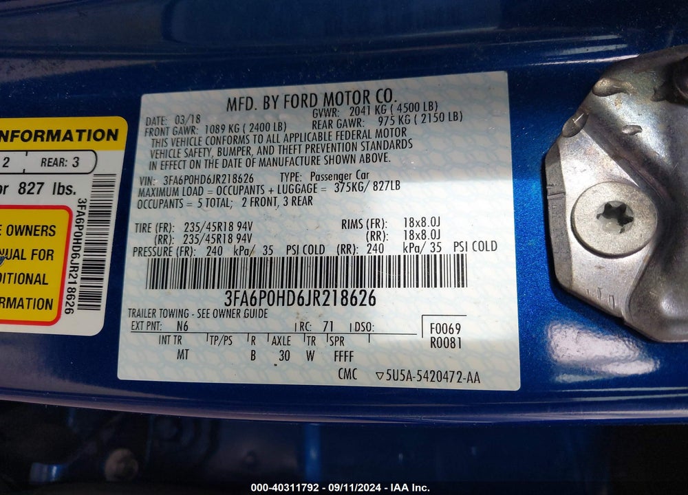 2018 FORD FUSION SE VIN: 3FA6P0HD6JR218626