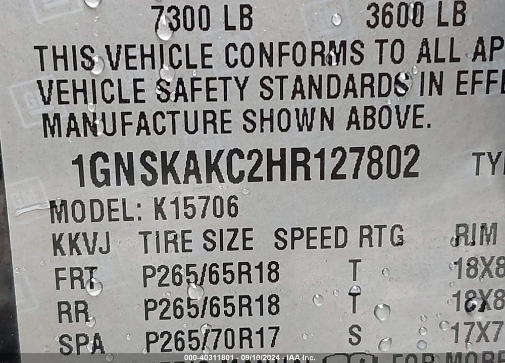 2017 CHEVROLET TAHOE LS VIN: 1GNSKAKC2HR127802
