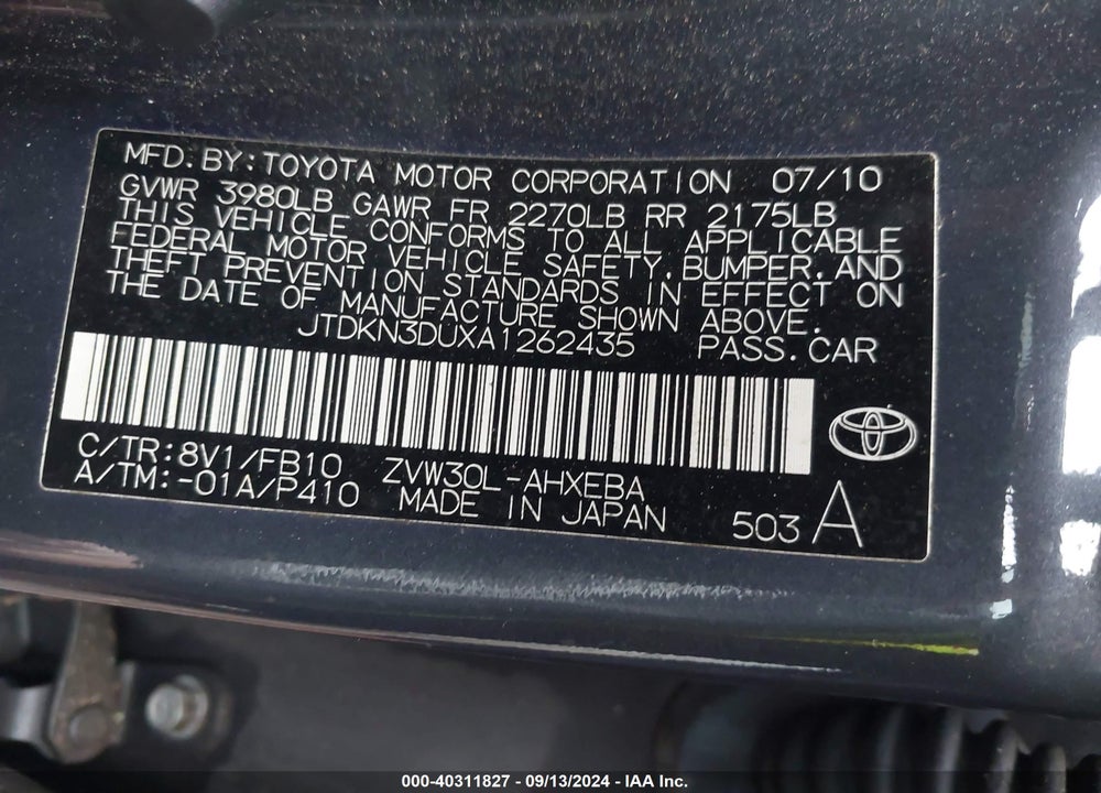 2010 TOYOTA PRIUS II VIN: JTDKN3DUXA1262435